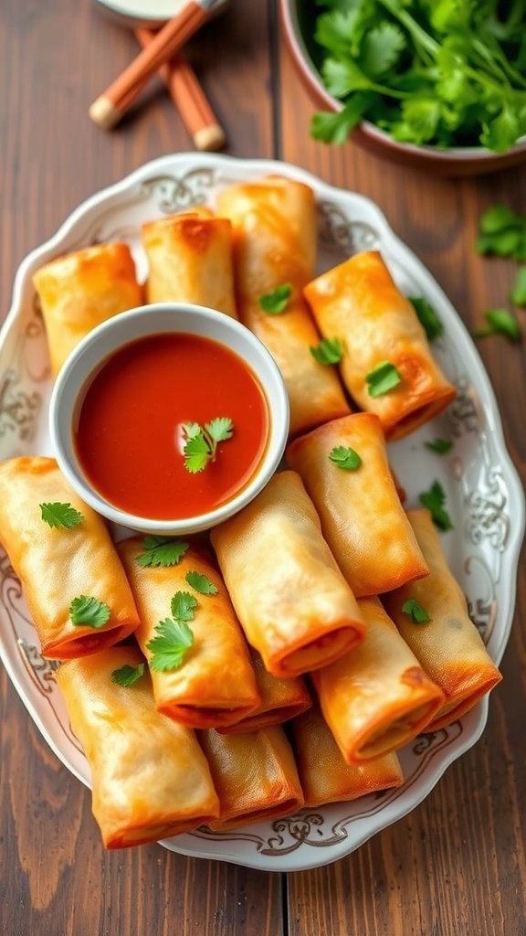Crispy Asian Spring Rolls Recipe Crispy spring rolls on a plate with sweet chili sauce and garnished with cilantro.
